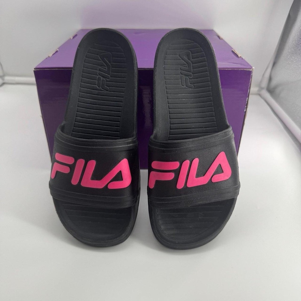 FILA Sleek Slide ST Slip-On Sandals Black Hot Pink Striped Open Toe - kids 6